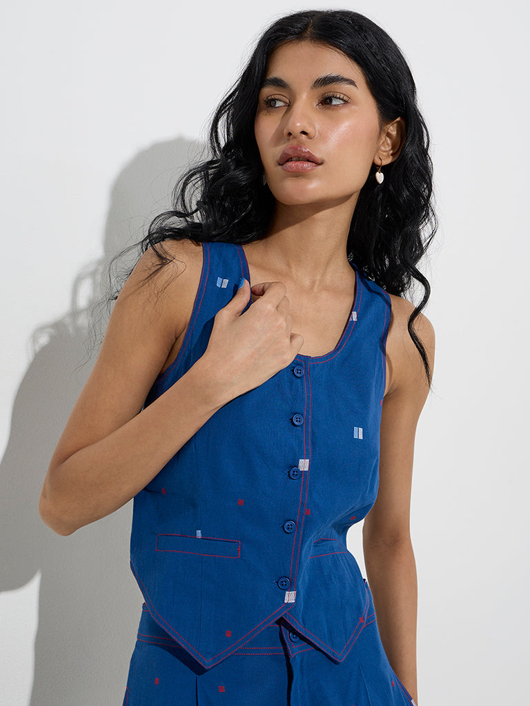 Bombay Paisley Blue Waistcoat-Style Cotton Top