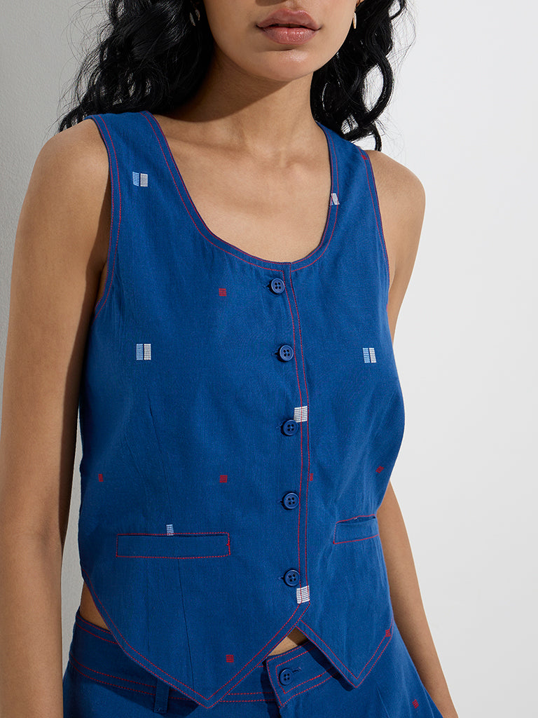 Bombay Paisley Blue Waistcoat-Style Cotton Top - Image 2