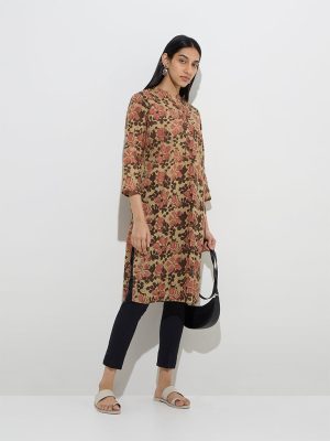 Utsa Beige Floral Design Straight Cotton Kurta