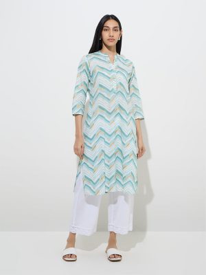 Utsa Aqua Chevron Patterned Straight Cotton Kurta