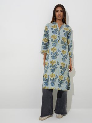 Utsa Blue Floral Design Straight Cotton Kurta
