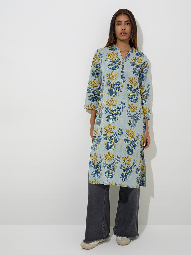 Utsa Blue Floral Design Straight Cotton Kurta