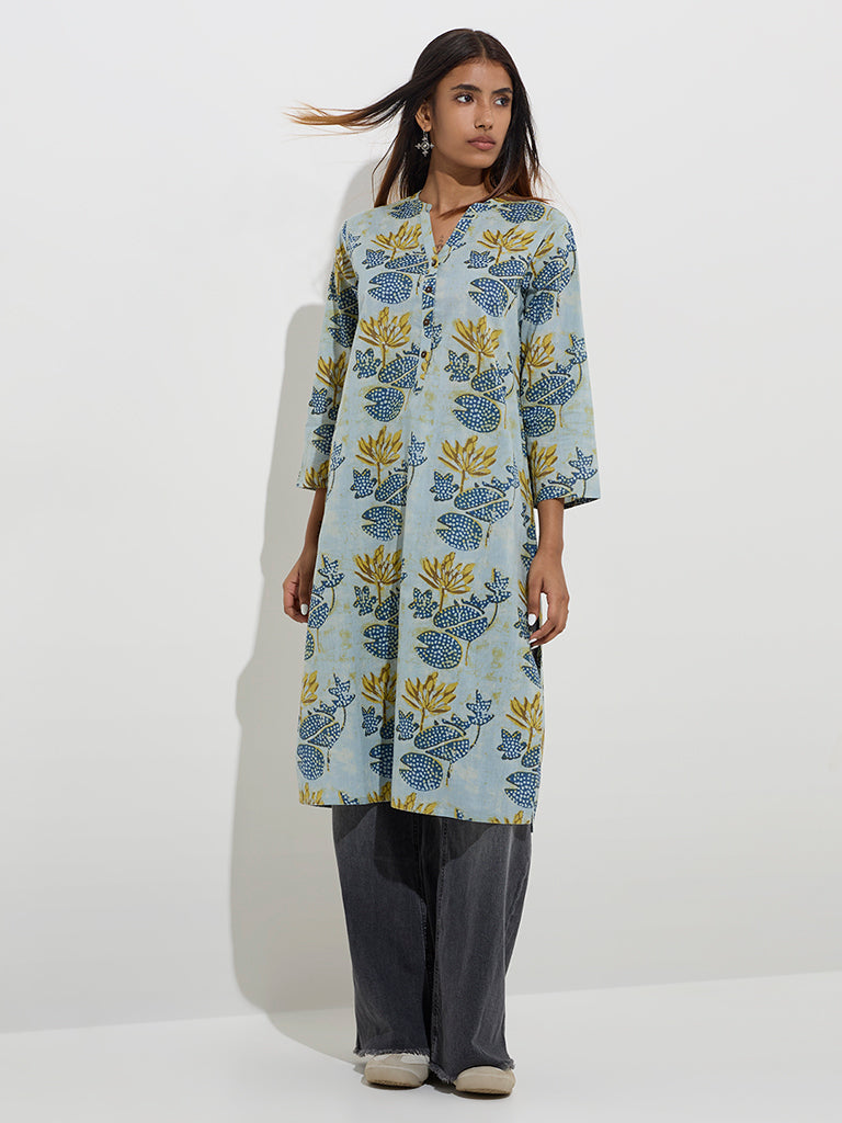 Utsa Blue Floral Design Straight Cotton Kurta - Image 3