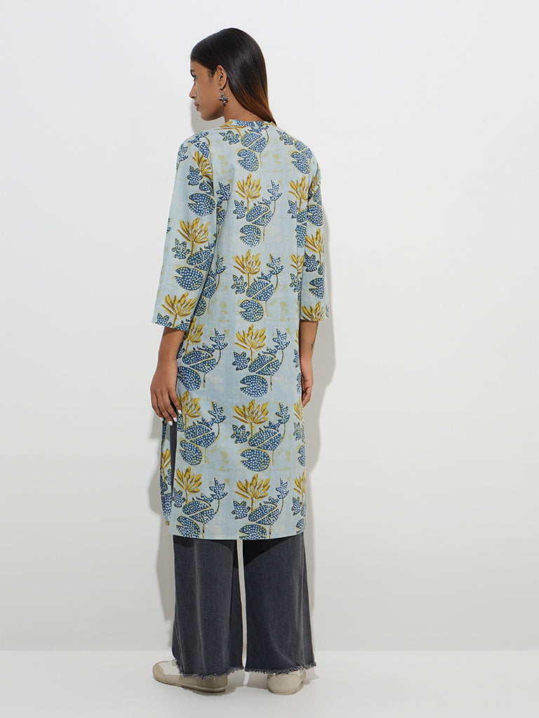 Utsa Blue Floral Design Straight Cotton Kurta - Image 4