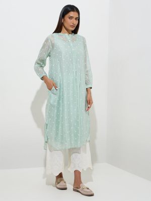 Zuba Mint Floral Embroidered A-Line Kurta with Inner