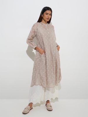 Zuba Taupe Floral Embroidered A-Line Kurta with Inner