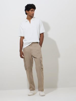 WES Casuals Beige Relaxed-Fit Mid-Rise Cotton-Blend Pants