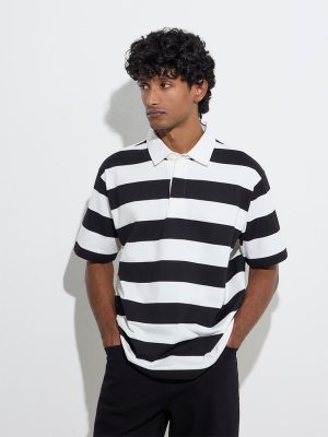 WES Casuals Black Stripe Printed Relaxed-Fit Polo T-Shirt
