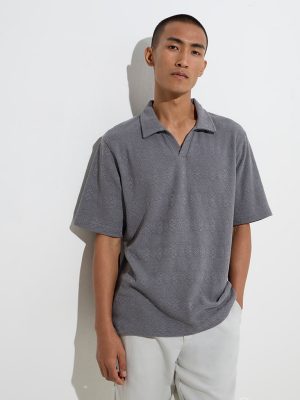 ETA Grey Embroidered Relaxed-Fit Polo T-Shirt