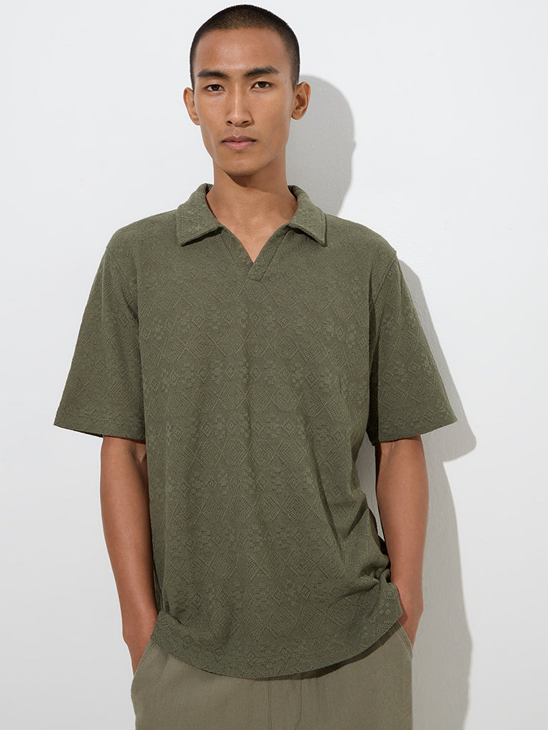 ETA Olive Embroidered Relaxed-Fit Polo T-Shirt