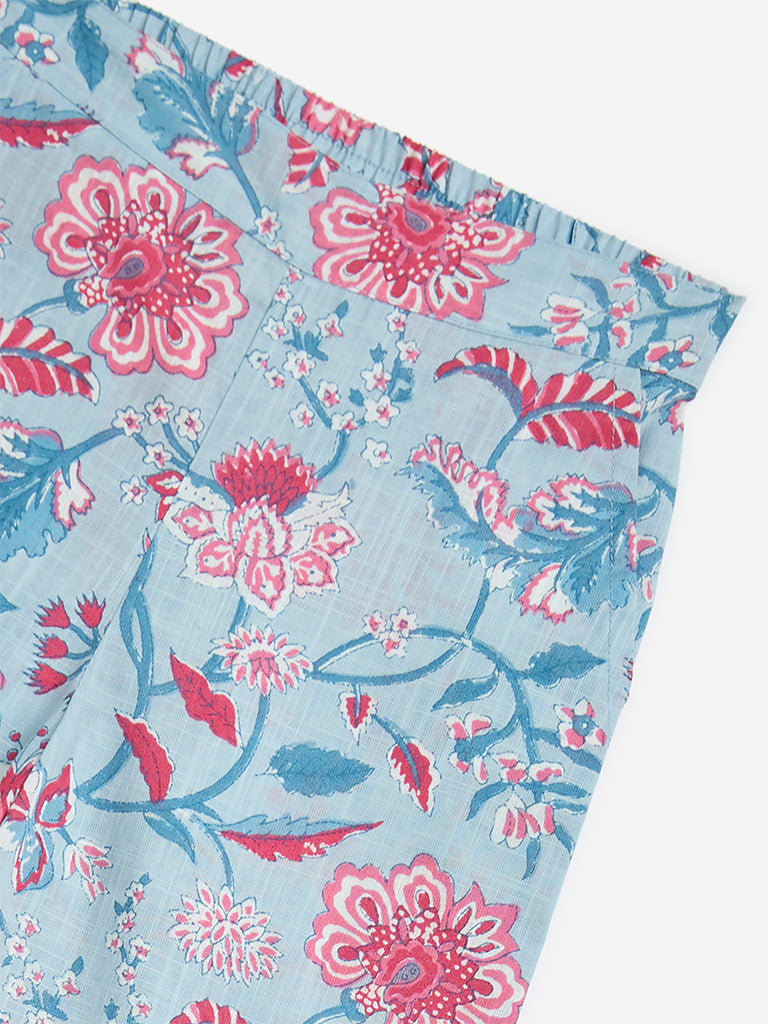 Utsa Kids Blue Floral Pattern Cotton Ethnic Pants - (2-8yrs) - Image 3