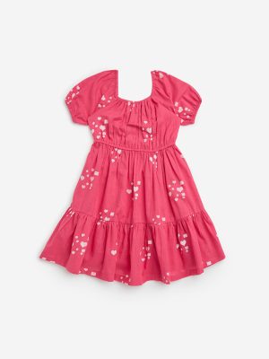 Utsa Kids Pink Heart Printed Cotton A-Line Dress - (2-8yrs)