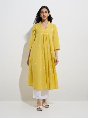 Utsa Yellow Floral Embroidered Cotton A-Line Kurta