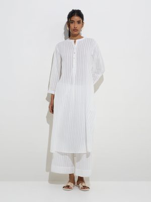 Utsa White Self-Striped Cotton A-Line Kurta
