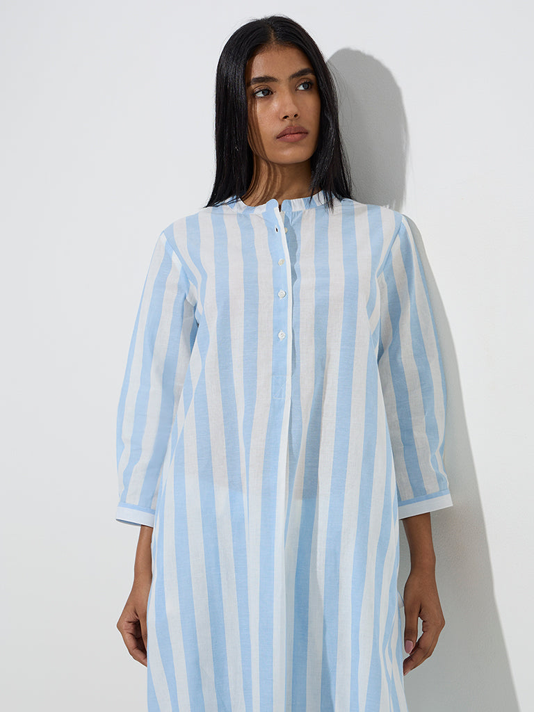 Utsa Blue Stripe Pattern Cotton A-Line Kurta - Image 2