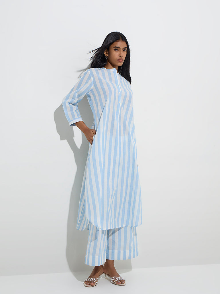 Utsa Blue Stripe Pattern Cotton A-Line Kurta - Image 3