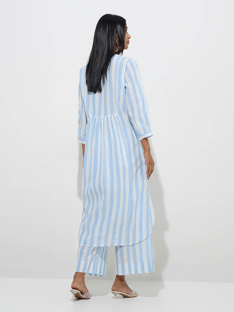 Utsa Blue Stripe Pattern Cotton A-Line Kurta - Image 4
