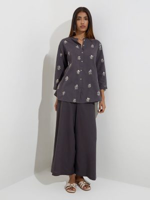 Utsa Charcoal Floral Embroidered Straight Cotton Tunic
