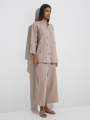 Utsa Beige Floral Embroidered Straight Cotton Kurti