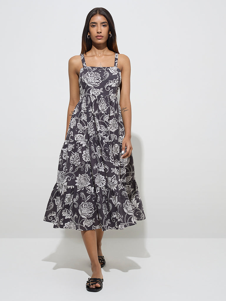 Utsa Charcoal Floral Design Cotton Tiered Dress - Image 3