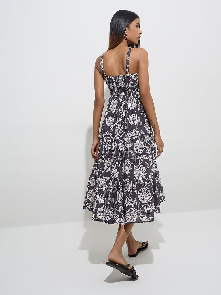 Utsa Charcoal Floral Design Cotton Tiered Dress - Image 4