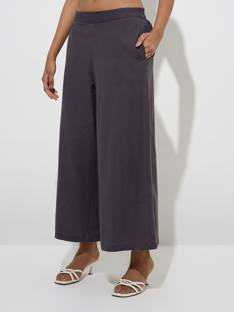 Utsa Charcoal Solid Cotton-Blend Ethnic Pants