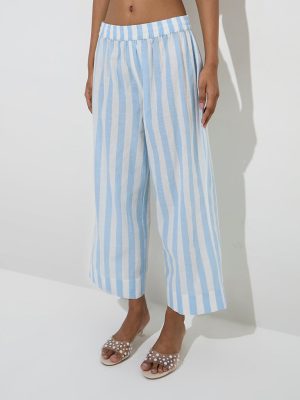 Utsa Blue Stripe Printed Cotton Ethnic Pants