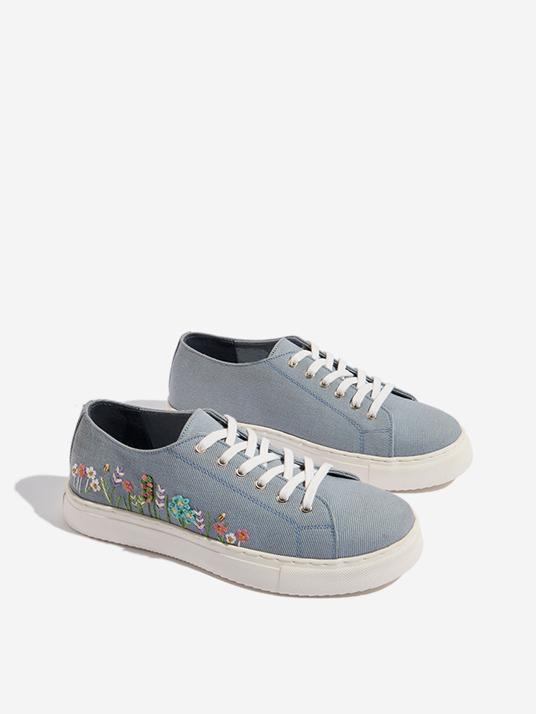 LUNA BLU Dusty Blue Floral Embroidered Lace-Up Sneakers - Image 2