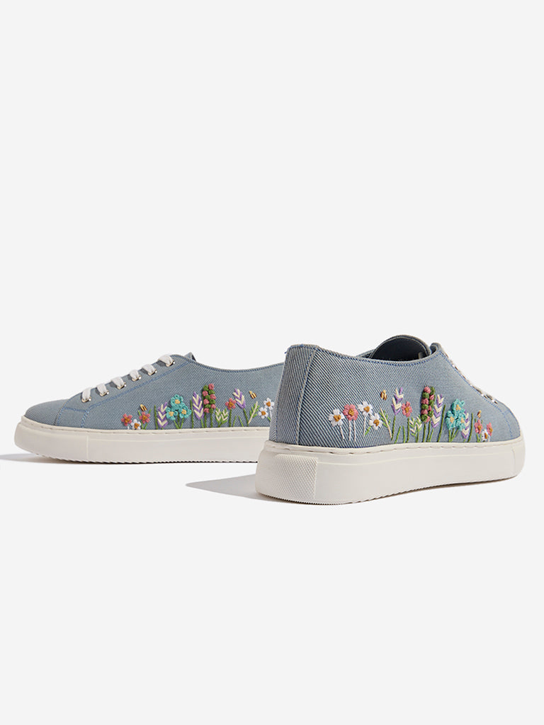 LUNA BLU Dusty Blue Floral Embroidered Lace-Up Sneakers - Image 3