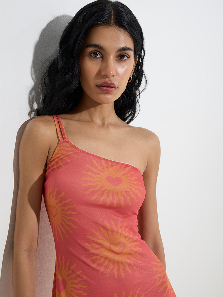 Nuon Coral Printed One-Shoulder Mesh Bodycon Dress - Image 2