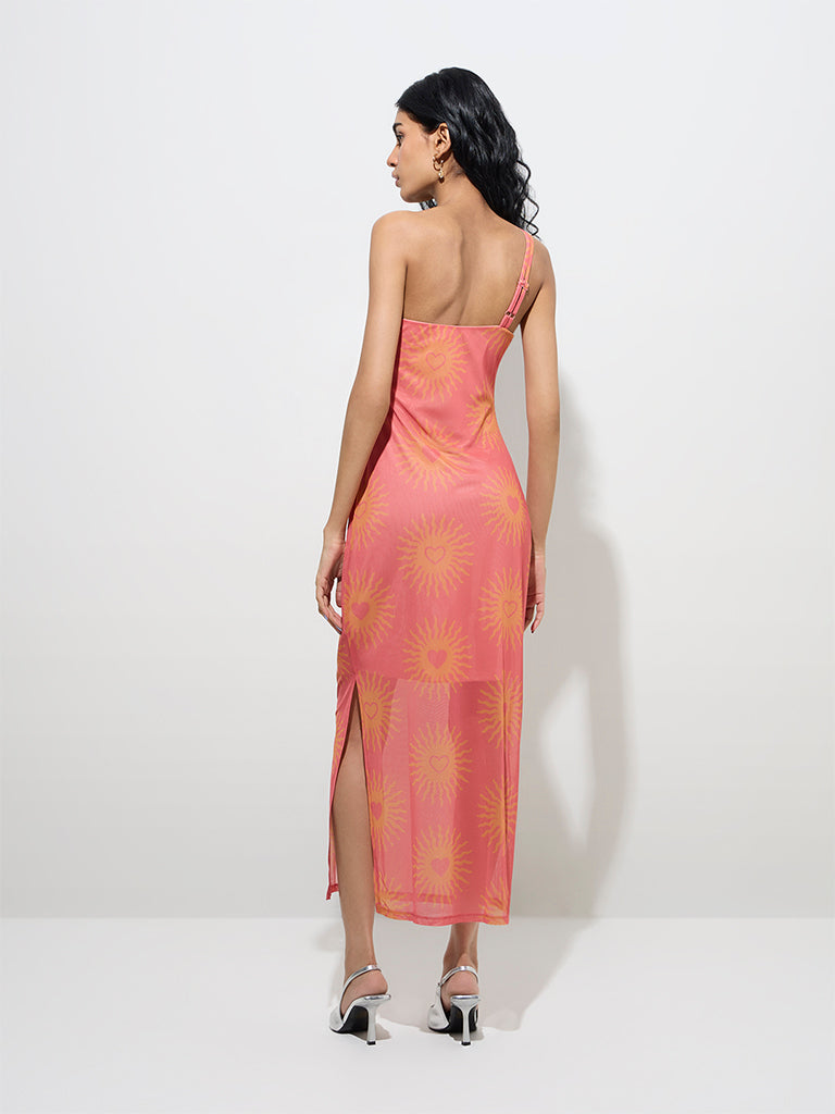 Nuon Coral Printed One-Shoulder Mesh Bodycon Dress - Image 4