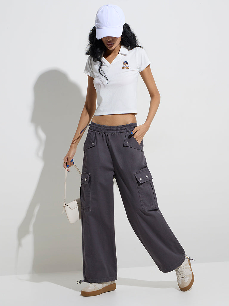Nuon Dark Grey Cargo-Style Mid-Rise Cotton Pants