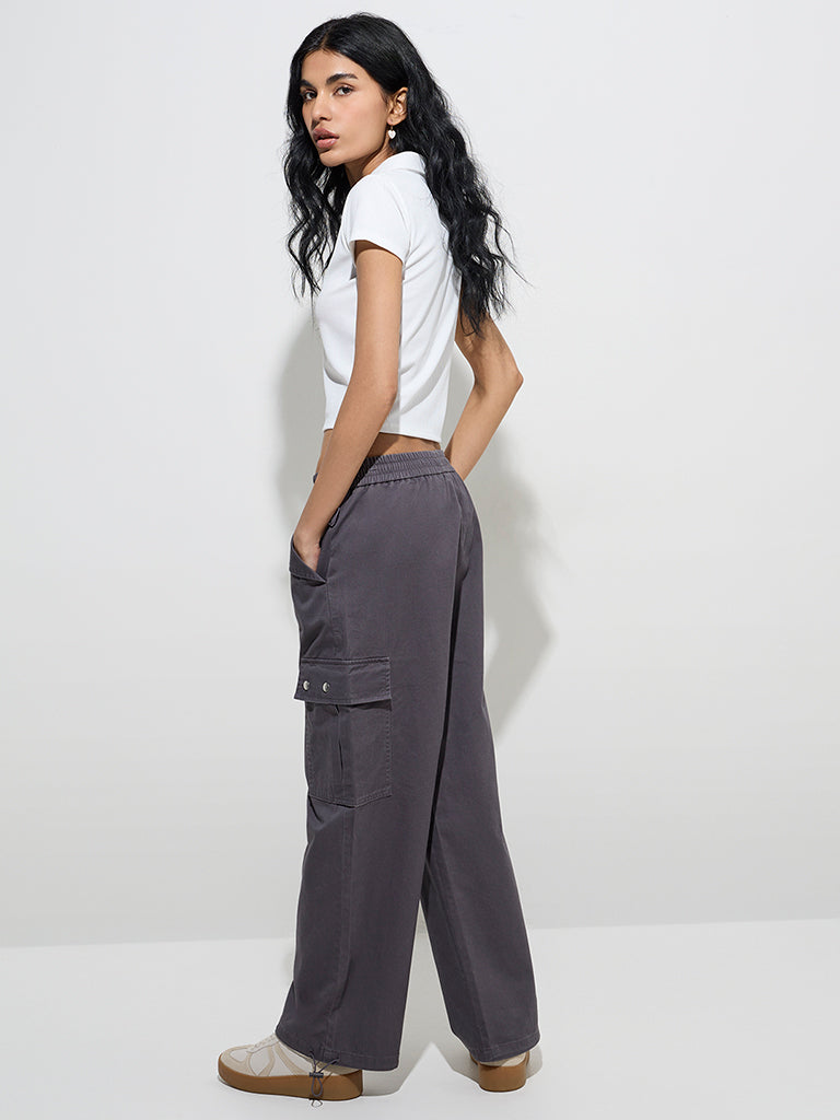 Nuon Dark Grey Cargo-Style Mid-Rise Cotton Pants - Image 4