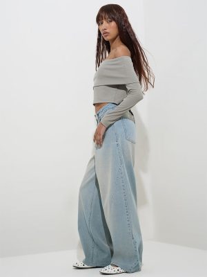 Nuon Blue Faded Wide-Leg Mid-Rise Jeans