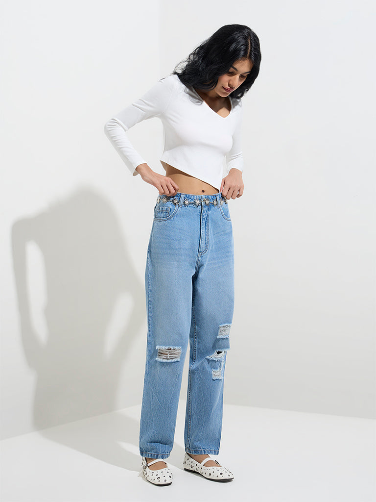 Nuon Blue Distressed Relaxed-Fit High-Rise Jeans