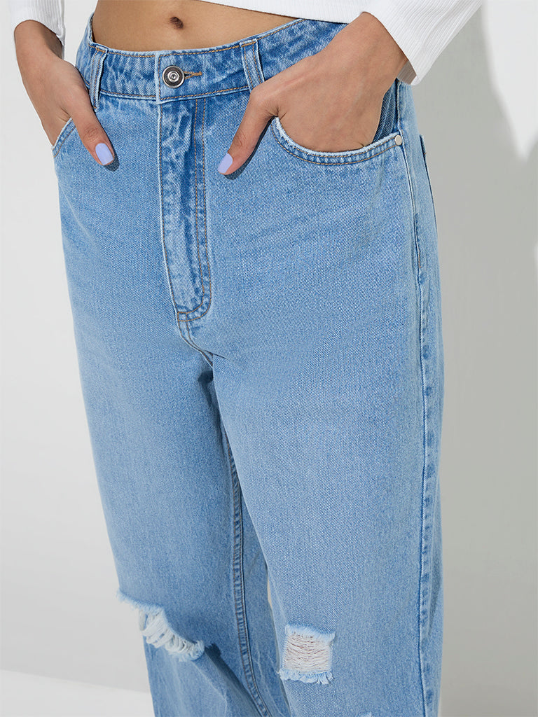 Nuon Blue Distressed Relaxed-Fit High-Rise Jeans - Image 2