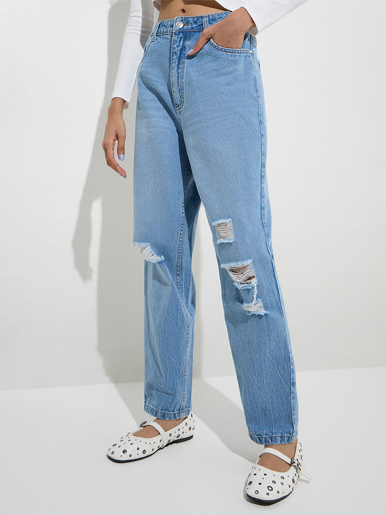 Nuon Blue Distressed Relaxed-Fit High-Rise Jeans - Image 3