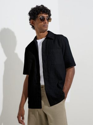 WES Casuals Black Textured Relaxed-Fit Cotton-Blend Shirt