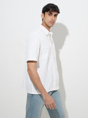 WES Casuals White Textured Relaxed-Fit Cotton-Blend Shirt
