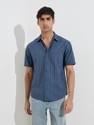 WES Casuals Navy Self-Striped Relaxed-Fit Cotton Shirt