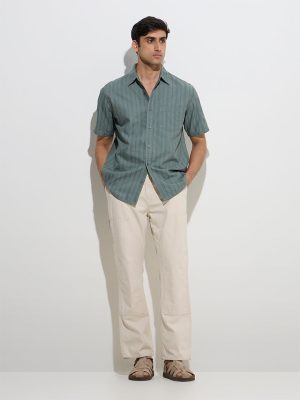 WES Casuals Sage Self-Striped Relaxed-Fit Cotton Shirt