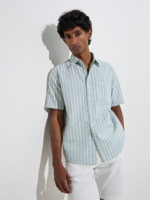 WES Casuals Sage Striped Relaxed-Fit Cotton-Blend Shirt
