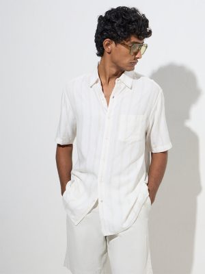 WES Casuals Off-White Striped Relaxed-Fit Cotton-Blend Shirt