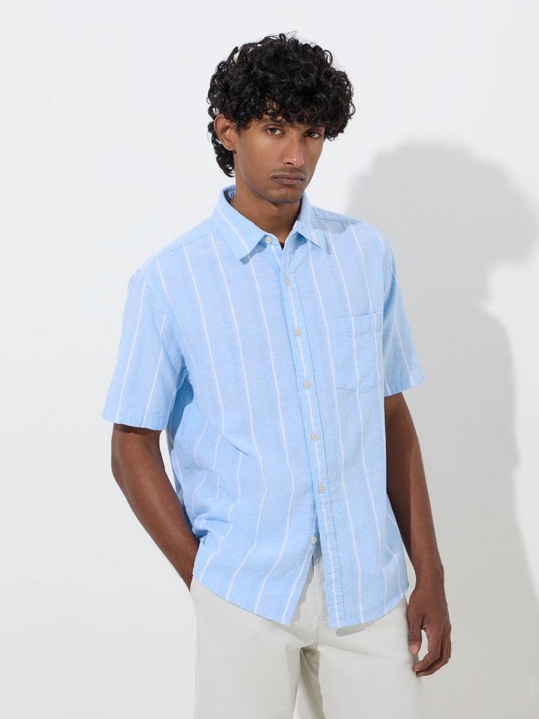 WES Casuals Blue Striped Relaxed-Fit Cotton-Blend Shirt