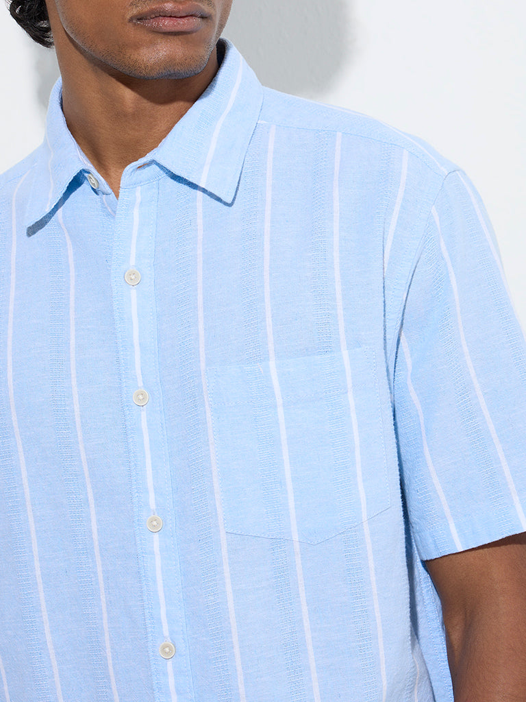 WES Casuals Blue Striped Relaxed-Fit Cotton-Blend Shirt - Image 2