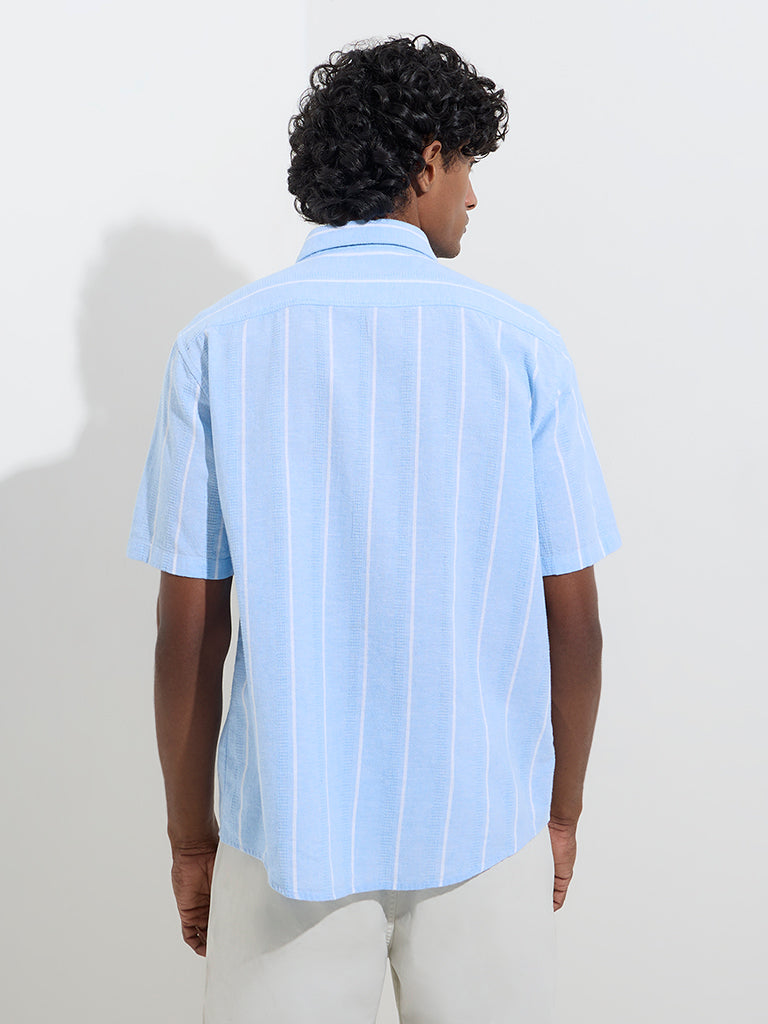 WES Casuals Blue Striped Relaxed-Fit Cotton-Blend Shirt - Image 4