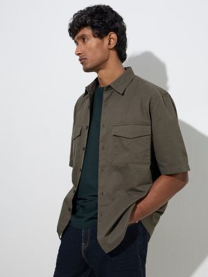 WES Casuals Dark Olive Relaxed-Fit Cotton Shirt