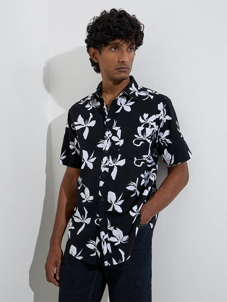 WES Casuals Black Floral Pattern Relaxed-Fit Cotton Shirt