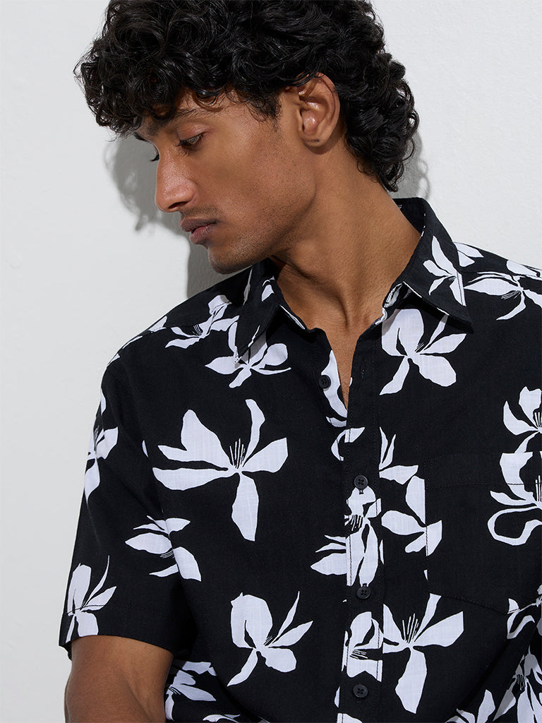 WES Casuals Black Floral Pattern Relaxed-Fit Cotton Shirt - Image 2