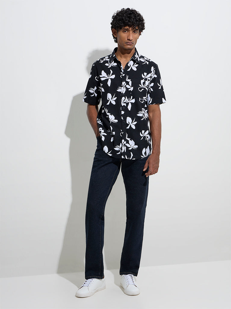 WES Casuals Black Floral Pattern Relaxed-Fit Cotton Shirt - Image 3
